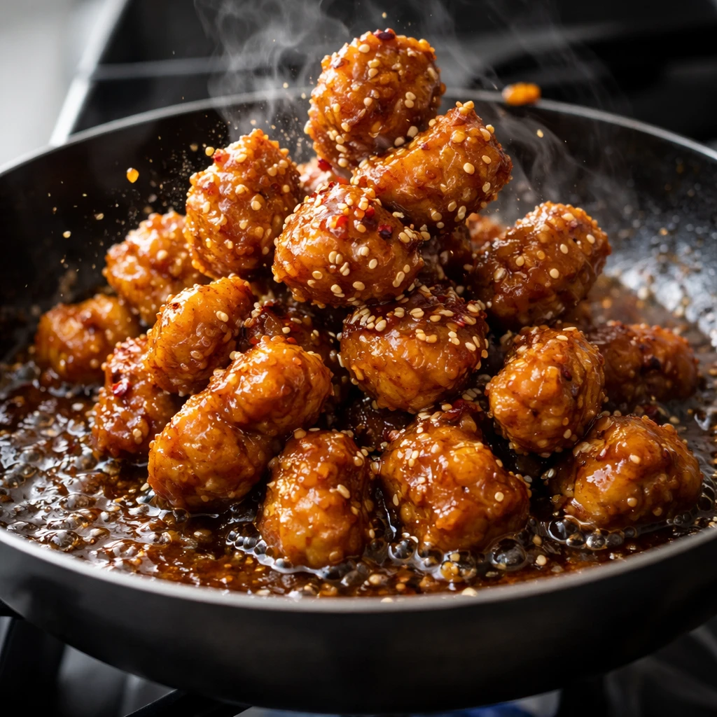 Cooking process close-up: Crispy honey garlic chicken bites sizzling in a wide skillet, mid-toss as 