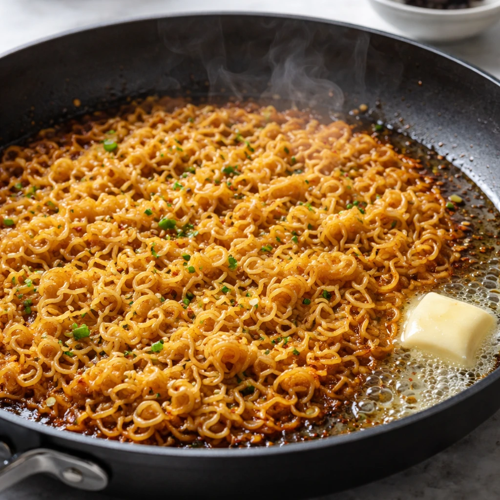 Cooking process, close-up detail: Crispy garlic-butter ramen noodles sizzling in a wide nonstick ski