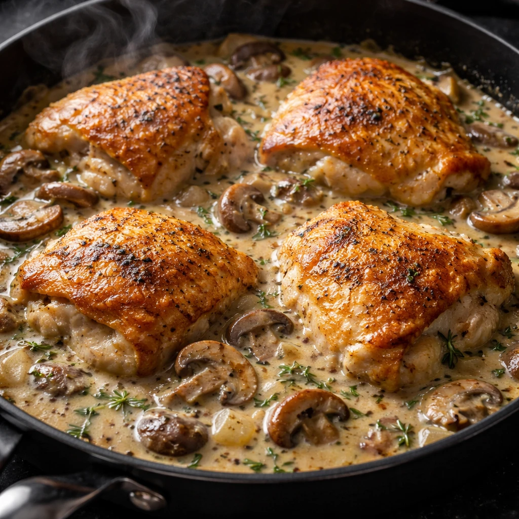 Cooking process, close-up detail: Golden, crispy skin-on chicken thighs nestled back into a simmerin
