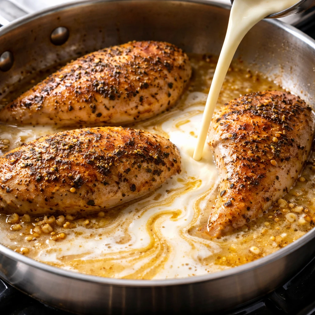 Cooking process, close-up detail: Searing seasoned chicken breasts in a large stainless-steel skille