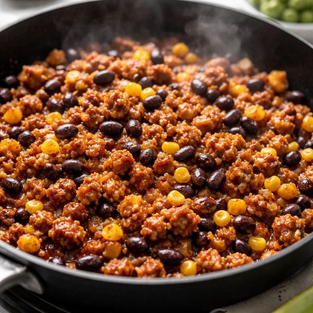 Cooking process close-up: Lean ground turkey sizzling in a black skillet with softened diced onions 