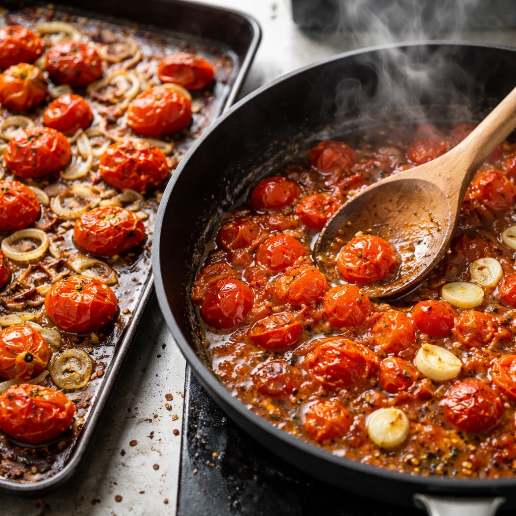 Cooking process close-up: Roasted cherry tomatoes and thinly sliced shallots just out of the oven, b