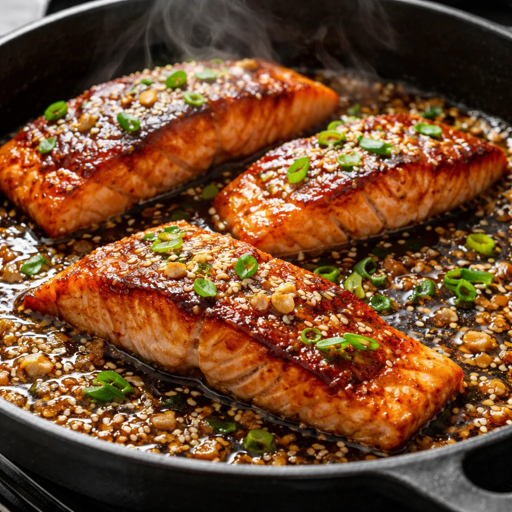 Cooking process close-up: Searing salmon fillets presentation-side down in a heavy cast-iron skillet