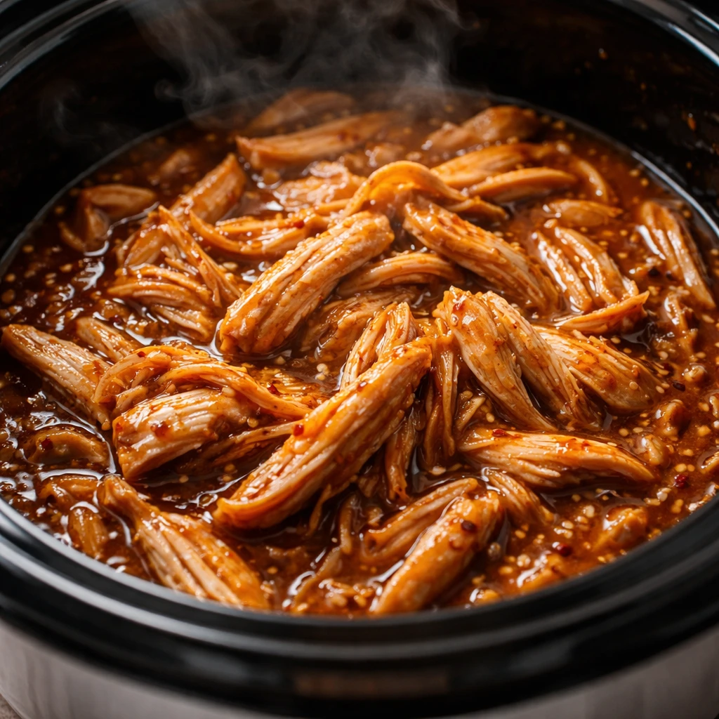Cooking process close-up: Slow cooker honey garlic chicken mid-cook, lid off, tender shredded thigh 