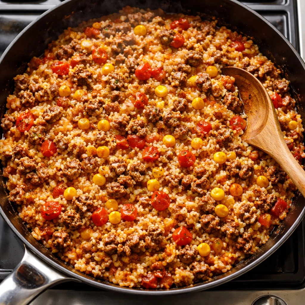 Cooking process, overhead: One-pan cheesy beef and rice simmering in a large black skillet on the st
