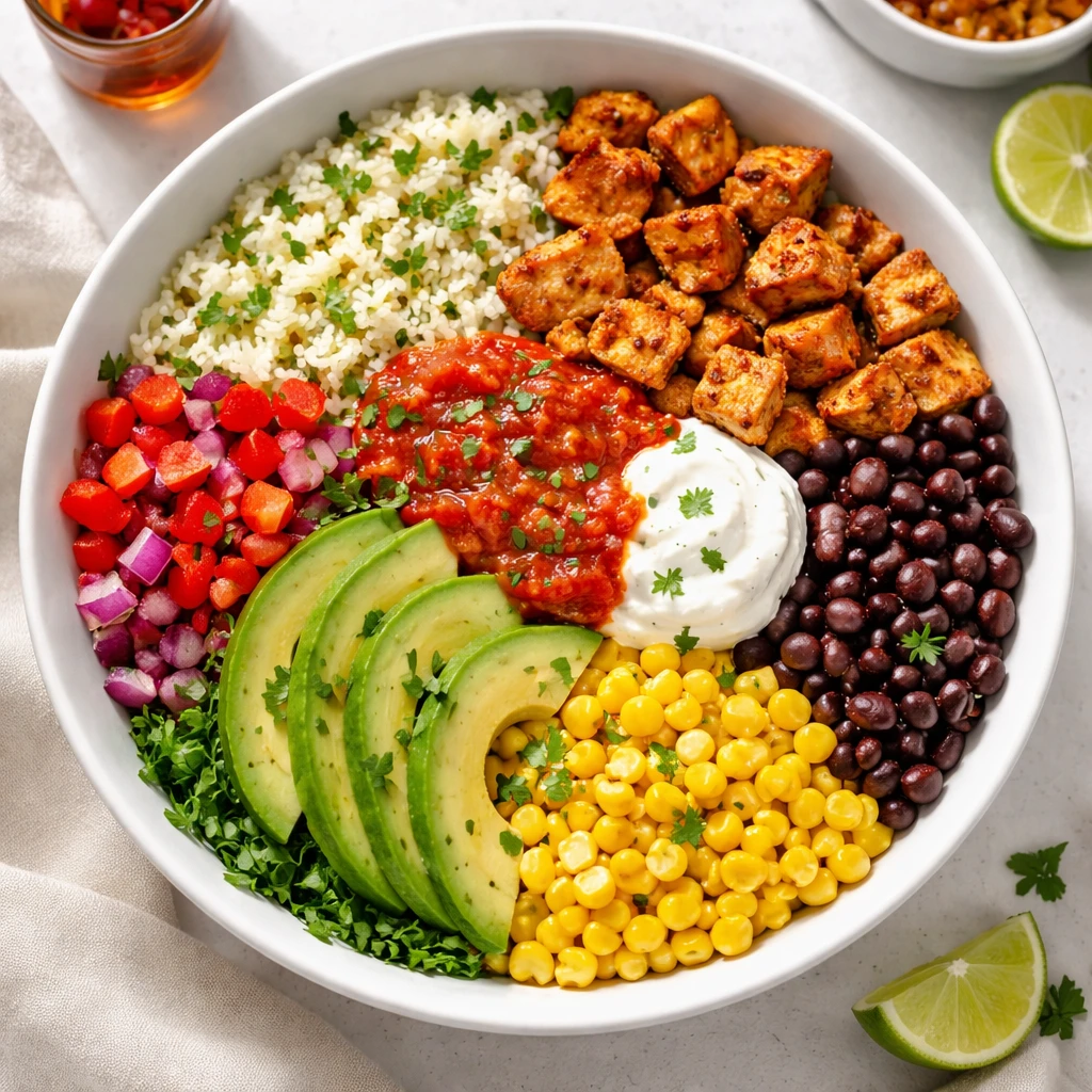 Final bowl overhead: High-protein chicken burrito bowl in a matte white wide bowl, showing distinct 