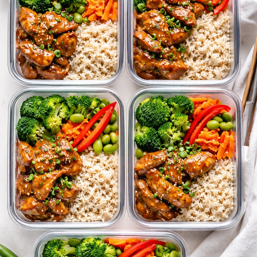 Final dish overhead: Top-down shot of Teriyaki Chicken Meal Prep Bowls neatly packed in 4–5 clear 