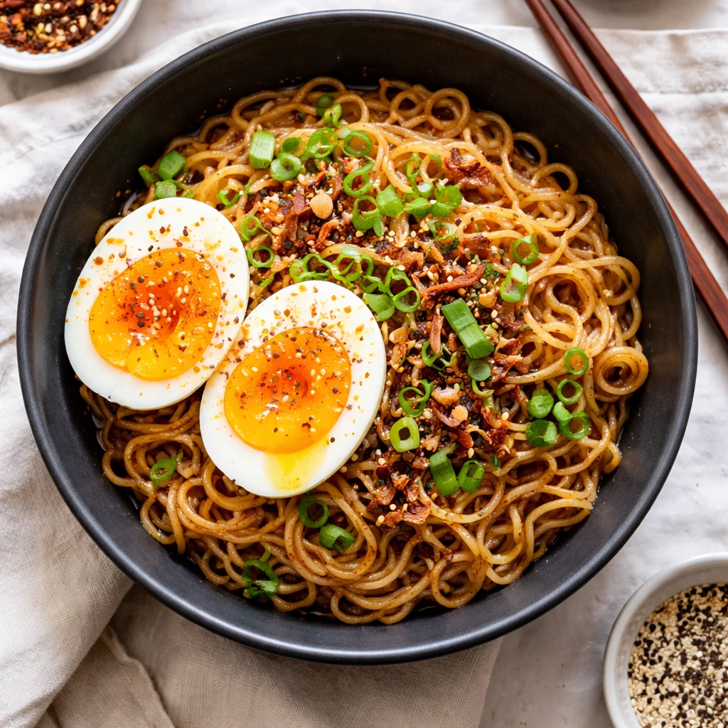 Final dish, tasty top view: Overhead shot of a bowl of crispy garlic butter ramen, noodles glossy an
