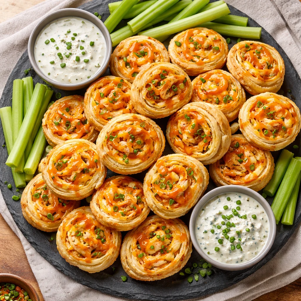 Final dish, tasty top view: Overhead shot of a game-day platter piled with crispy Buffalo Chicken Pi