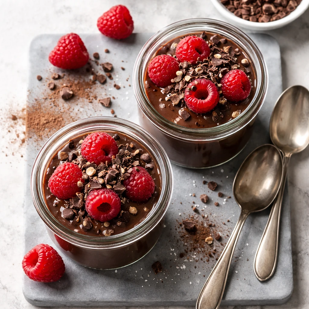 Final dish, tasty top view: Overhead shot of super high protein chocolate pudding portioned into two