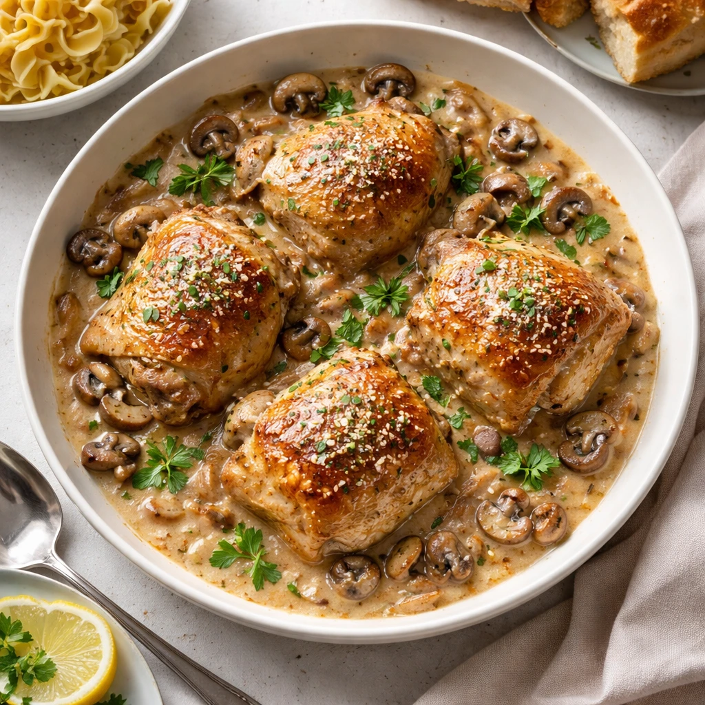 Final dish, top view: Overhead shot of Creamy Mushroom Chicken Thighs plated family-style in a wide,