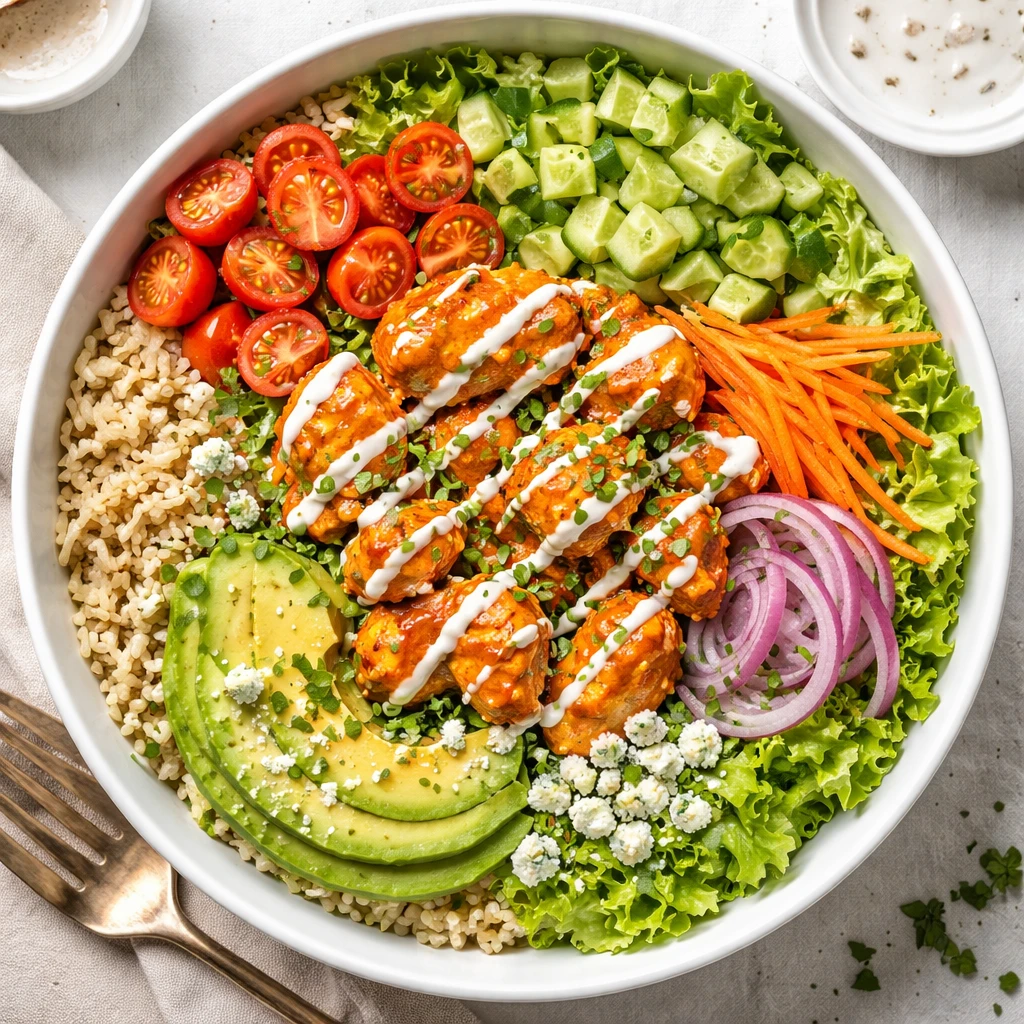 Final plated overhead bowl: Buffalo Chicken Power Bowl arranged in a wide white ceramic bowl, —bas