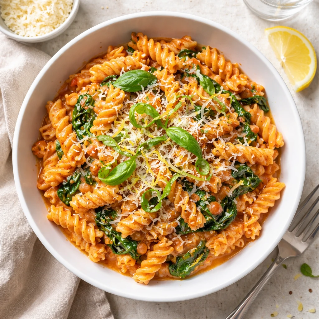Final plated overhead: Creamy roasted tomato red lentil pasta (fusilli) tossed in a silky blush sauc