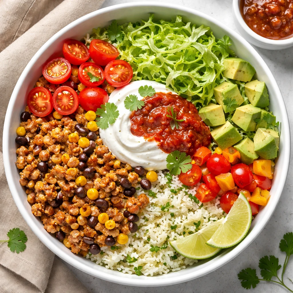 Final plated overhead: High-Protein Turkey Taco Bowl arranged in a wide white ceramic bowl over fluf