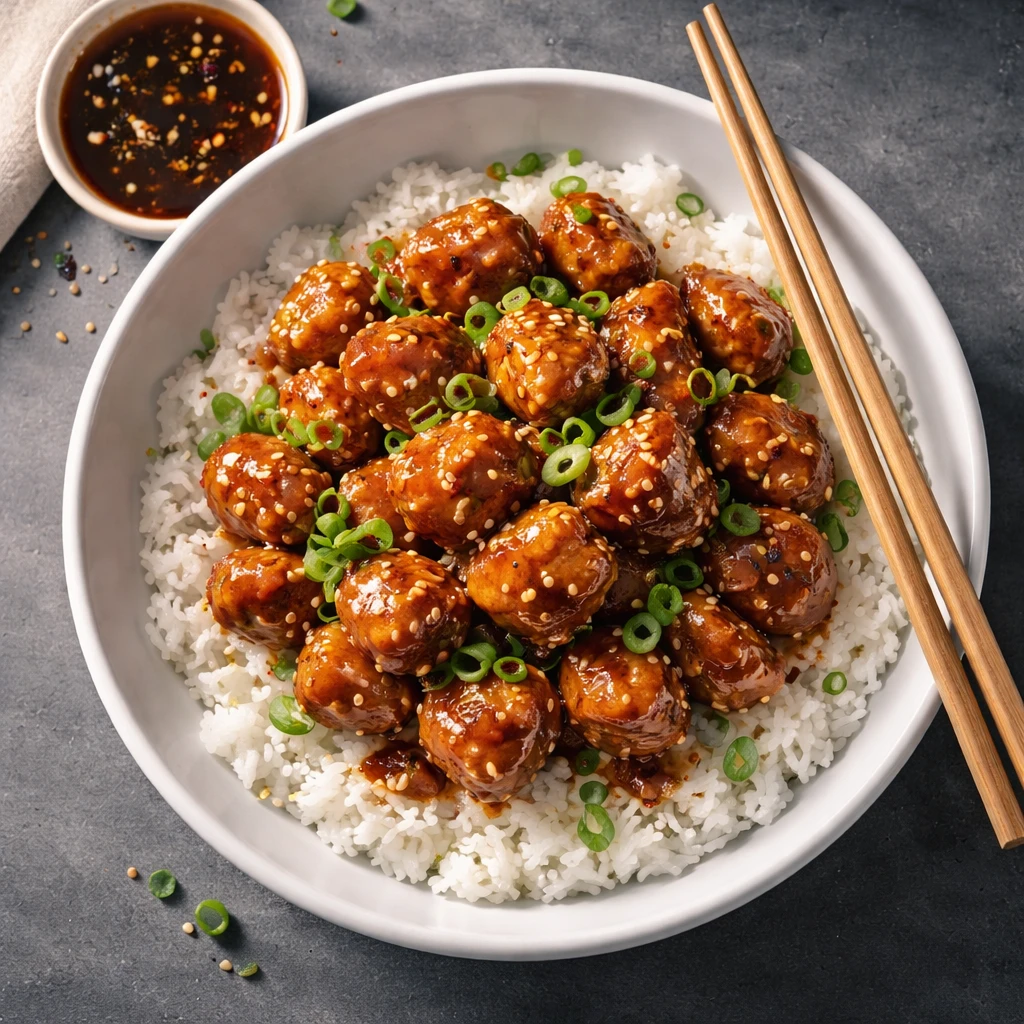 Final plated overhead: Overhead shot of a generous bowl of sticky honey garlic chicken bites piled o