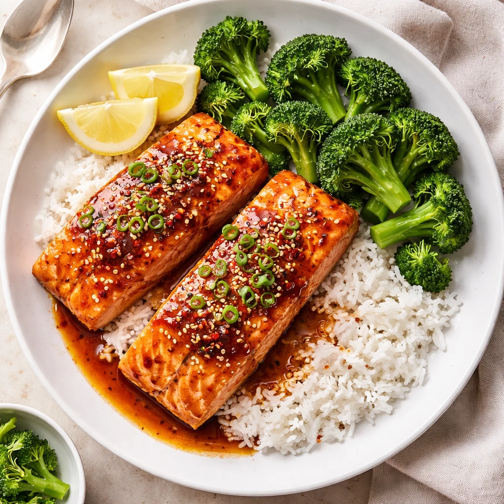 Final plated overhead shot: Sticky honey garlic salmon fillets glazed to a mirror-like sheen, sprink