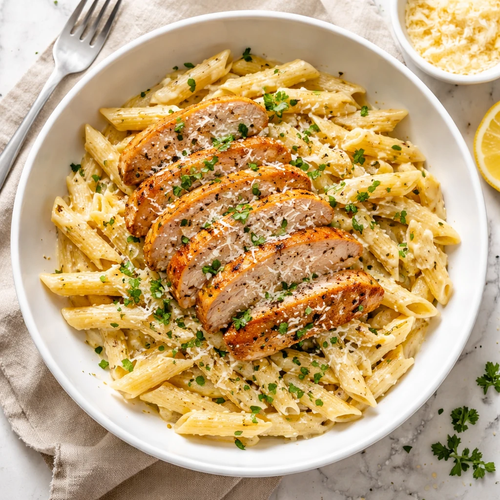 Final plated, tasty top view: Overhead shot of Creamy Garlic Parmesan Chicken Pasta—al dente penne