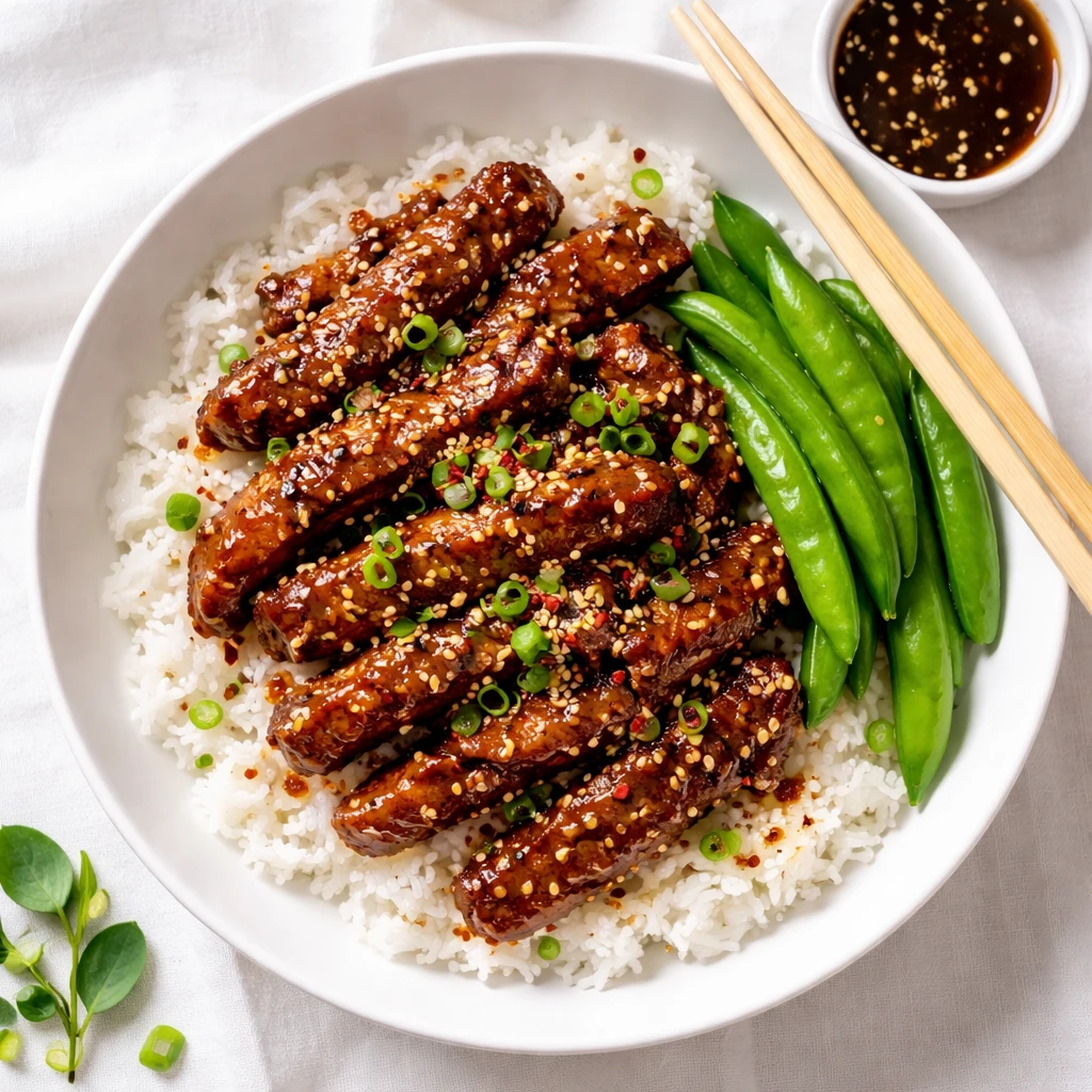 Overhead final presentation: Beautifully plated Crispy Sesame Beef over fluffy jasmine rice in a wid