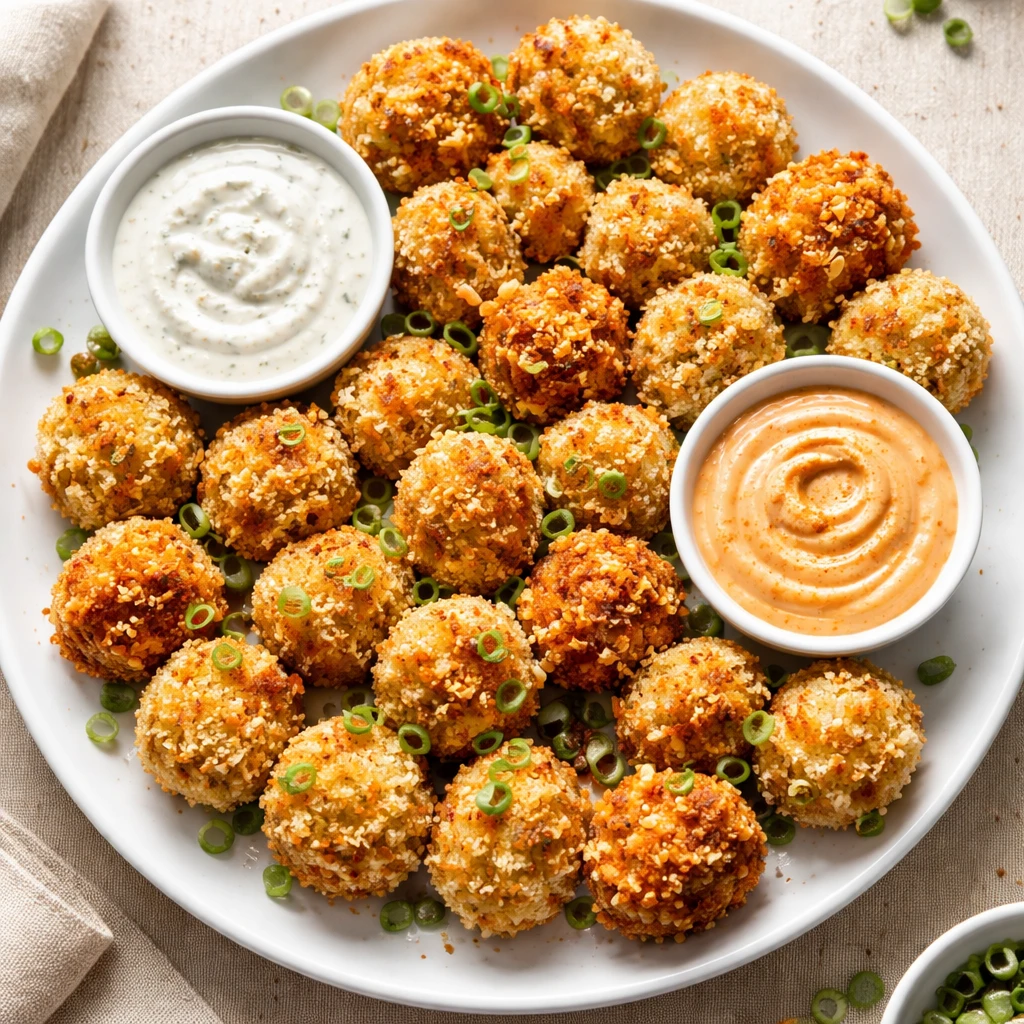 Overhead final presentation of baked/air-fried Jalapeño Popper Bites arranged in a tight circular p