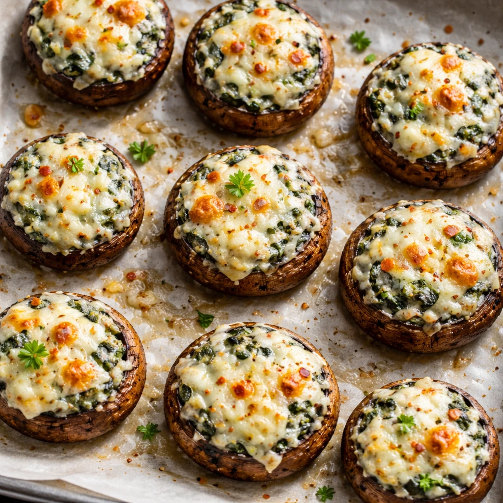 Overhead shot of freshly baked creamy spinach artichoke stuffed mushrooms on a parchment-lined bakin