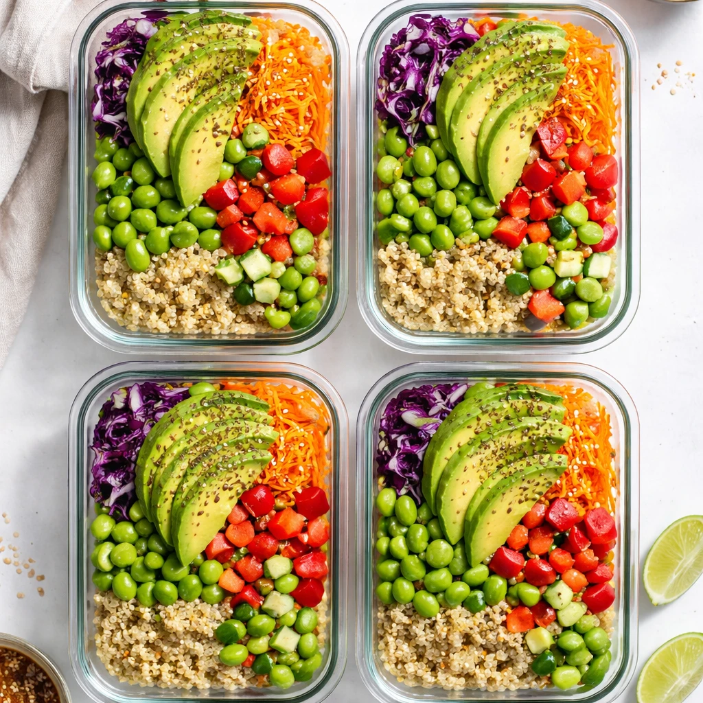 Overhead shot of fully assembled High-Protein Edamame Quinoa Bowls, meal-prep style: four glass cont