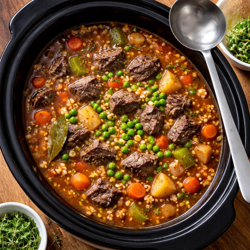Overhead shot of slow cooker beef and barley stew simmering in the crock, showing tender browned bee