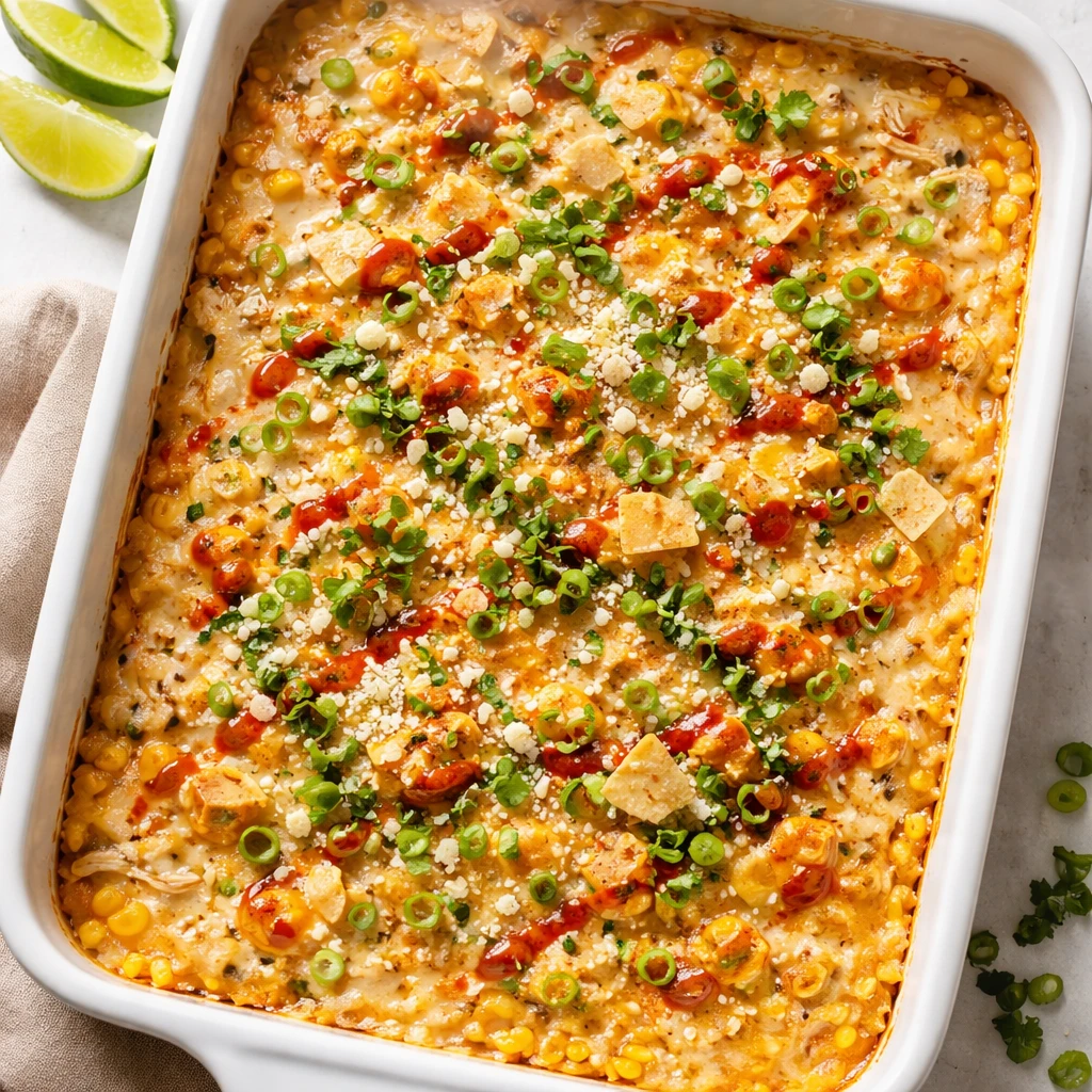 Overhead shot of the baked Cheesy Street Corn Chicken Casserole just out of the oven in a 9x13 dish,