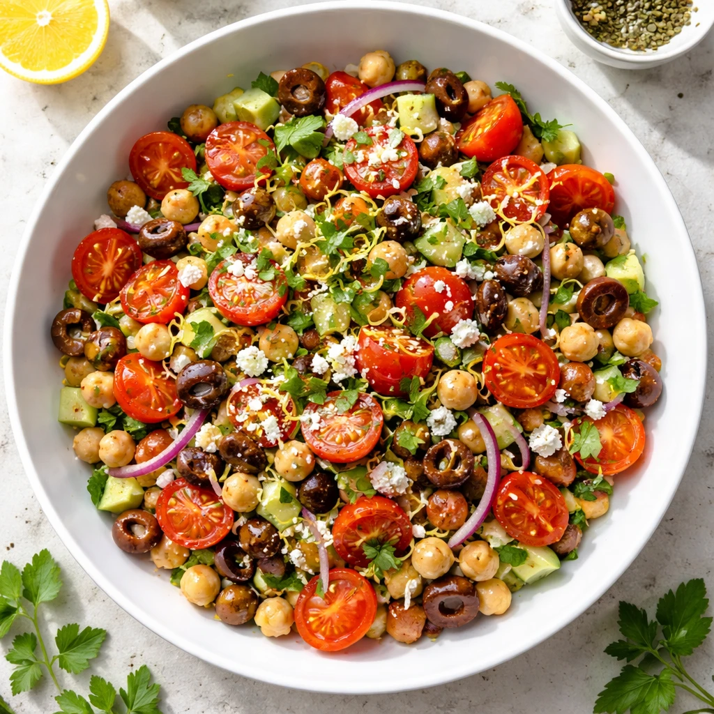 Overhead shot of the finished Marinated Cherry Tomato Chickpea Salad in a wide, shallow white bowl: 