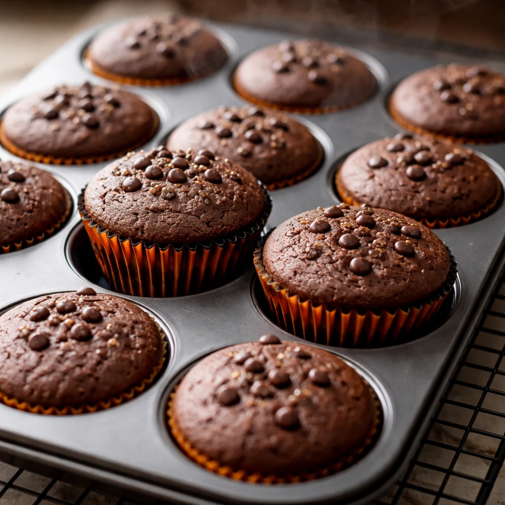 Close-up detail, cooking process: A 12-cup muffin tin just pulled from the oven with baked chocolate
