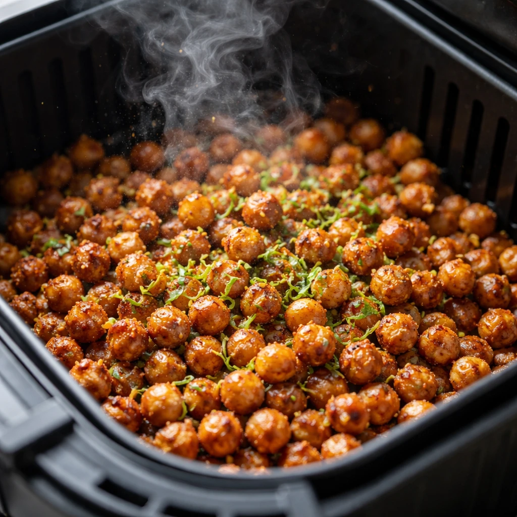 Close-up detail/cooking process: Ultra-crisp chili-lime chickpeas mid-air-fry, captured through an o