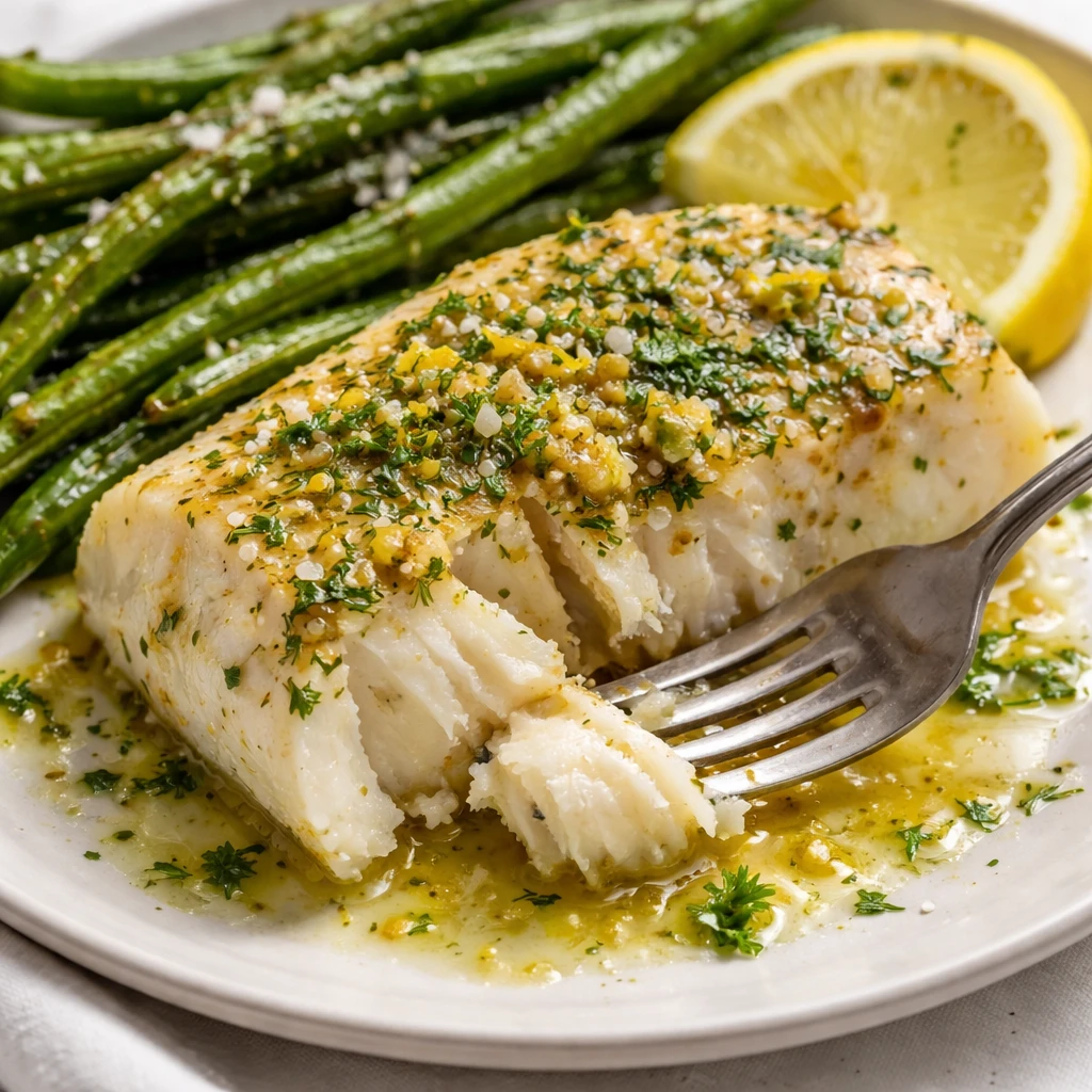 Close-up detail of a plated fillet: tender, flaky cod flaking under a fork, glistening with olive oi