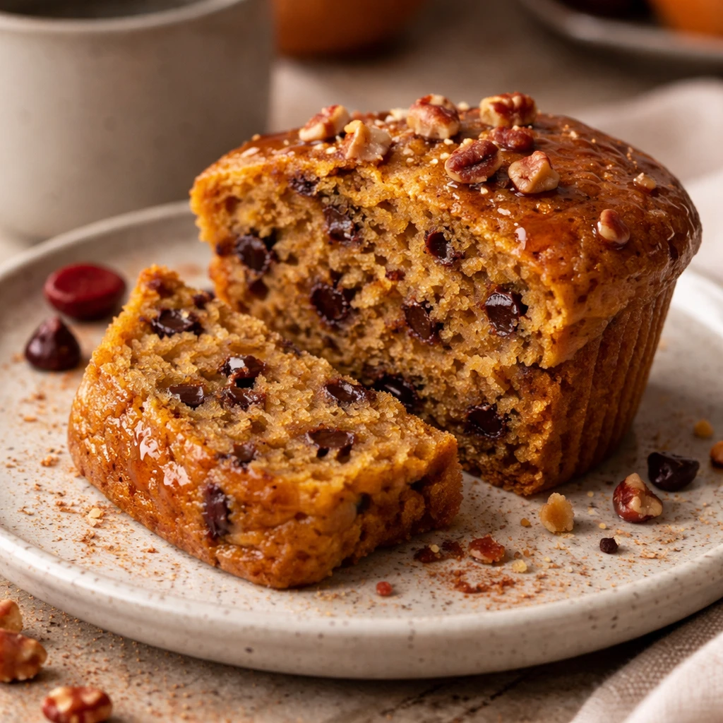 Close-up detail of a sliced pumpkin protein muffin on a ceramic plate, showcasing the soft, orange-t