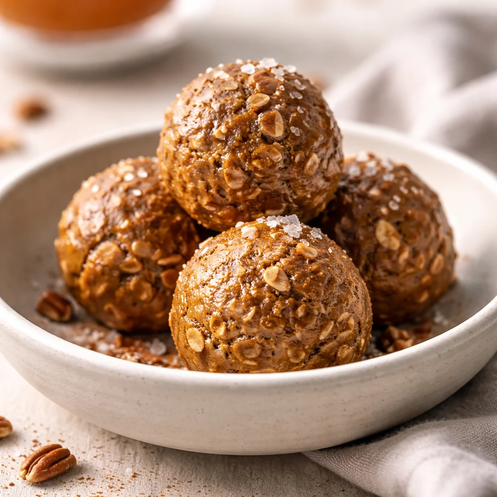 Close-up detail of the final plated Pumpkin Spice Protein Balls served in a shallow matte ceramic bo