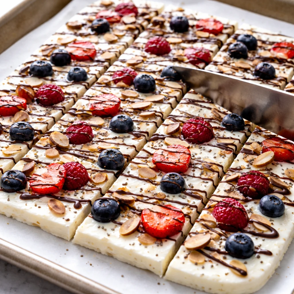 Close-up detail of the scoring/cutting stage: partially frozen Greek yogurt layer on parchment being