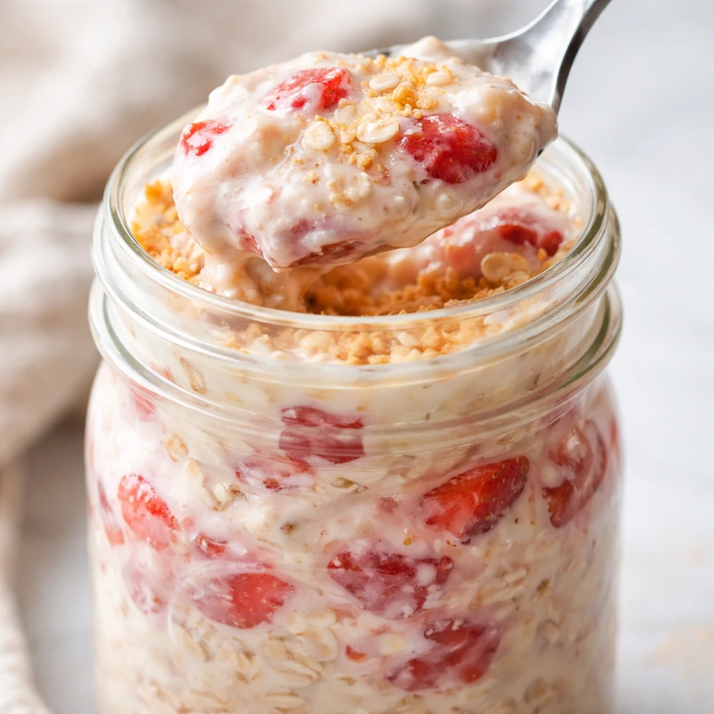 Close-up process shot of Strawberry Cheesecake overnight oats being stirred in a 16 oz jar: thick, u
