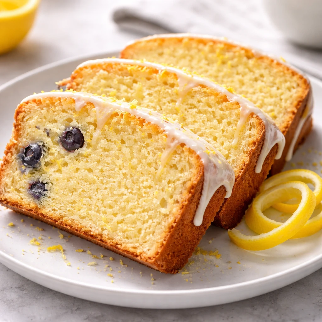 Close-up, three-quarter angle of sliced Greek Yogurt Lemon Loaf plated for serving: 2–3 thick slic