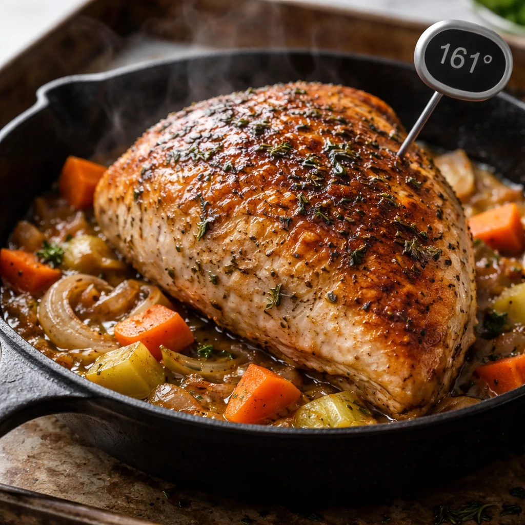 Cooking process, close-up detail: Golden roast turkey breast in a small oven-safe skillet set over a