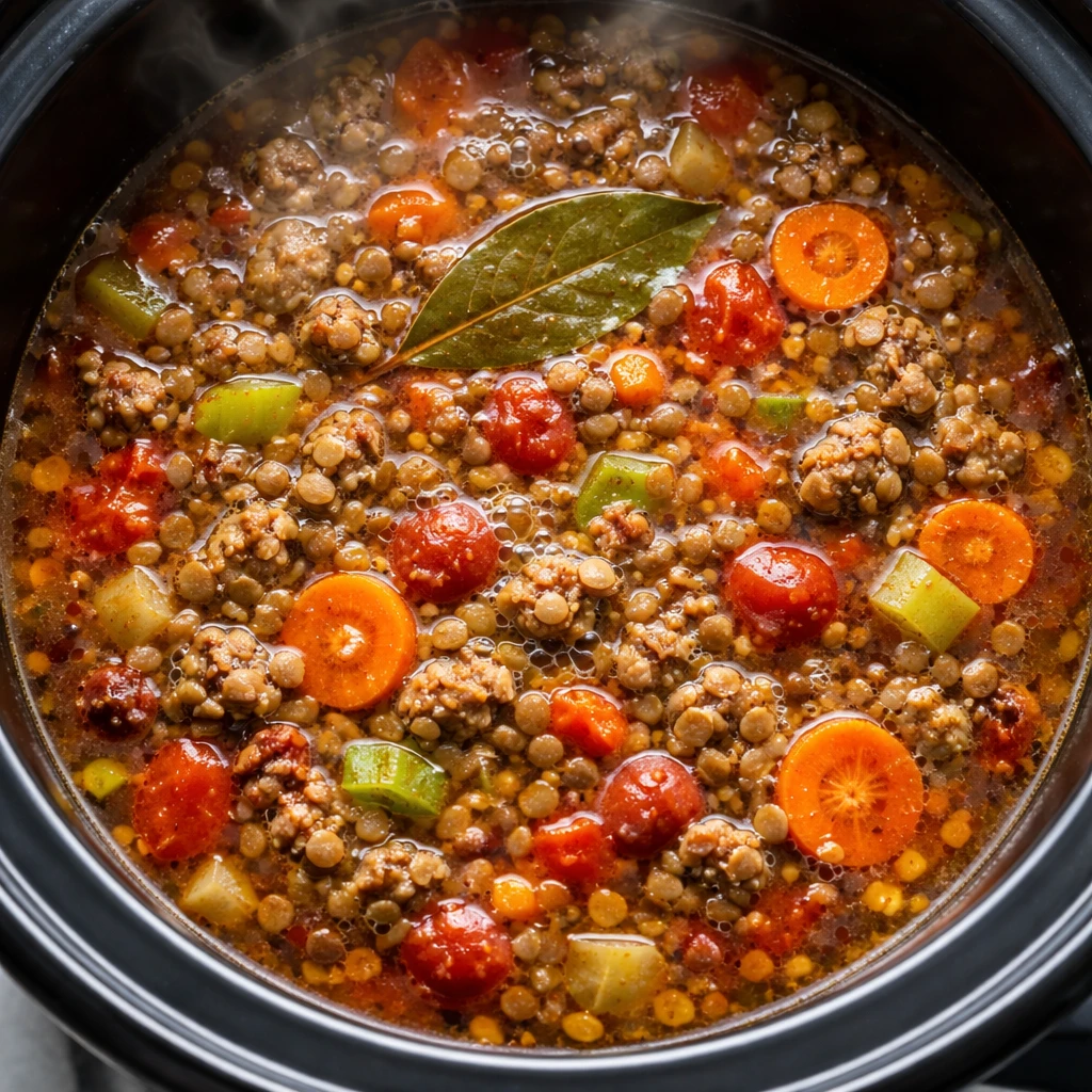Cooking process, close-up detail: Slow cooker lentil and Italian sausage soup mid-simmer, overhead s