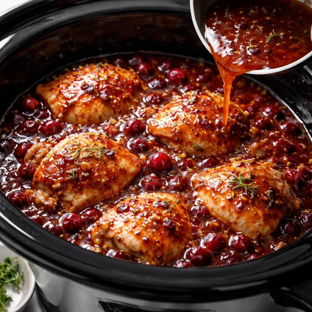 Cooking process close-up: Slow cooker cranberry chicken mid-cook with tender, fully cooked chicken t
