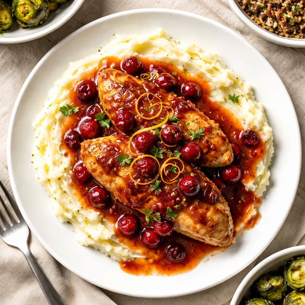 Final plated overhead: Overhead shot of slow cooker cranberry chicken artfully arranged over creamy 