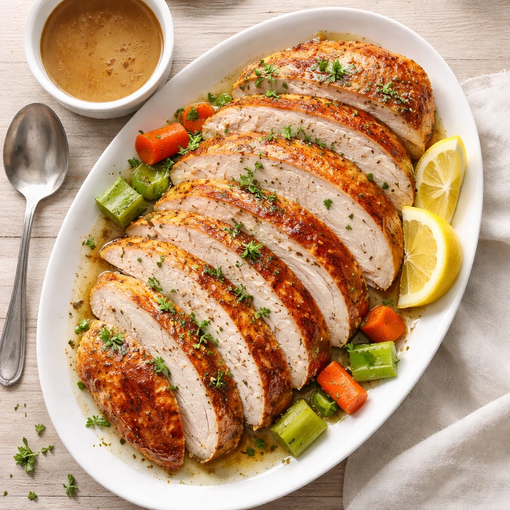 Final plated, overhead top view: Sliced herb-butter roast turkey breast fanned on a white ceramic pl