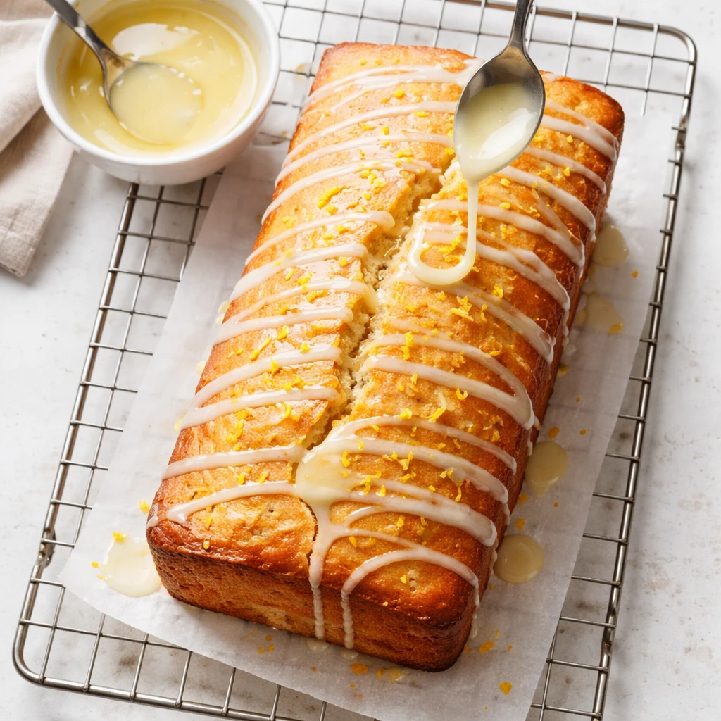 Overhead shot of a freshly baked Greek Yogurt Lemon Loaf just out of the pan and cooling on a wire r