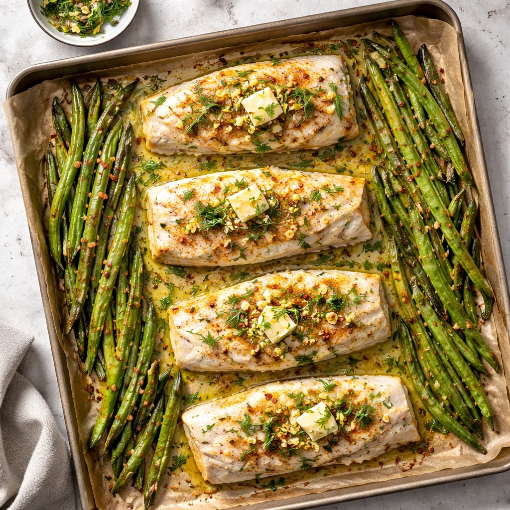 Overhead shot of a just-baked sheet pan scene: lemon herb baked cod fillets centered, flaky and opaq