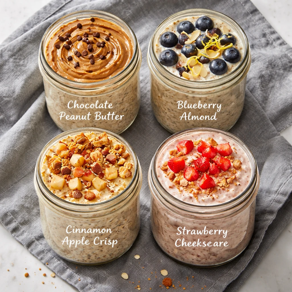 Overhead shot of four finished overnight protein oats jars arranged on a cool gray linen, each label