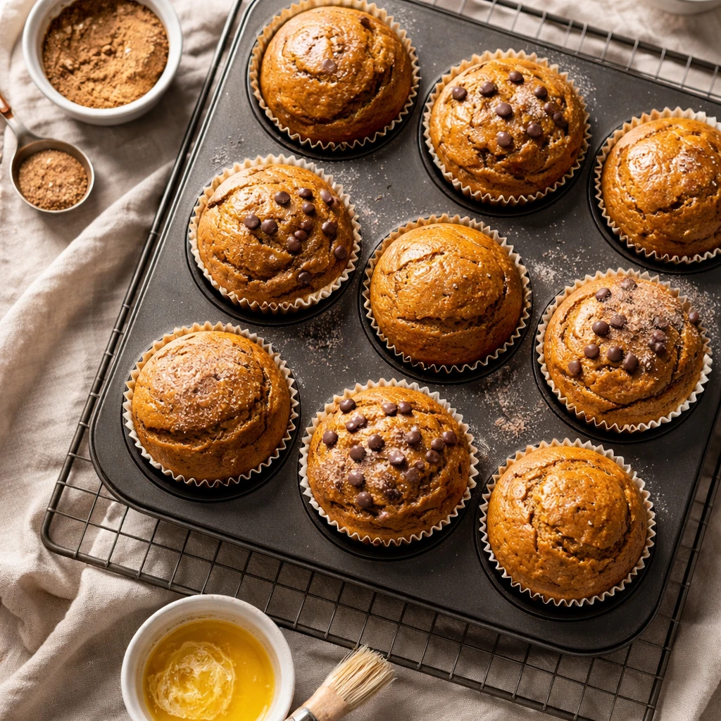Overhead shot of freshly baked pumpkin protein muffins cooling in a muffin tin on a wire rack, liner