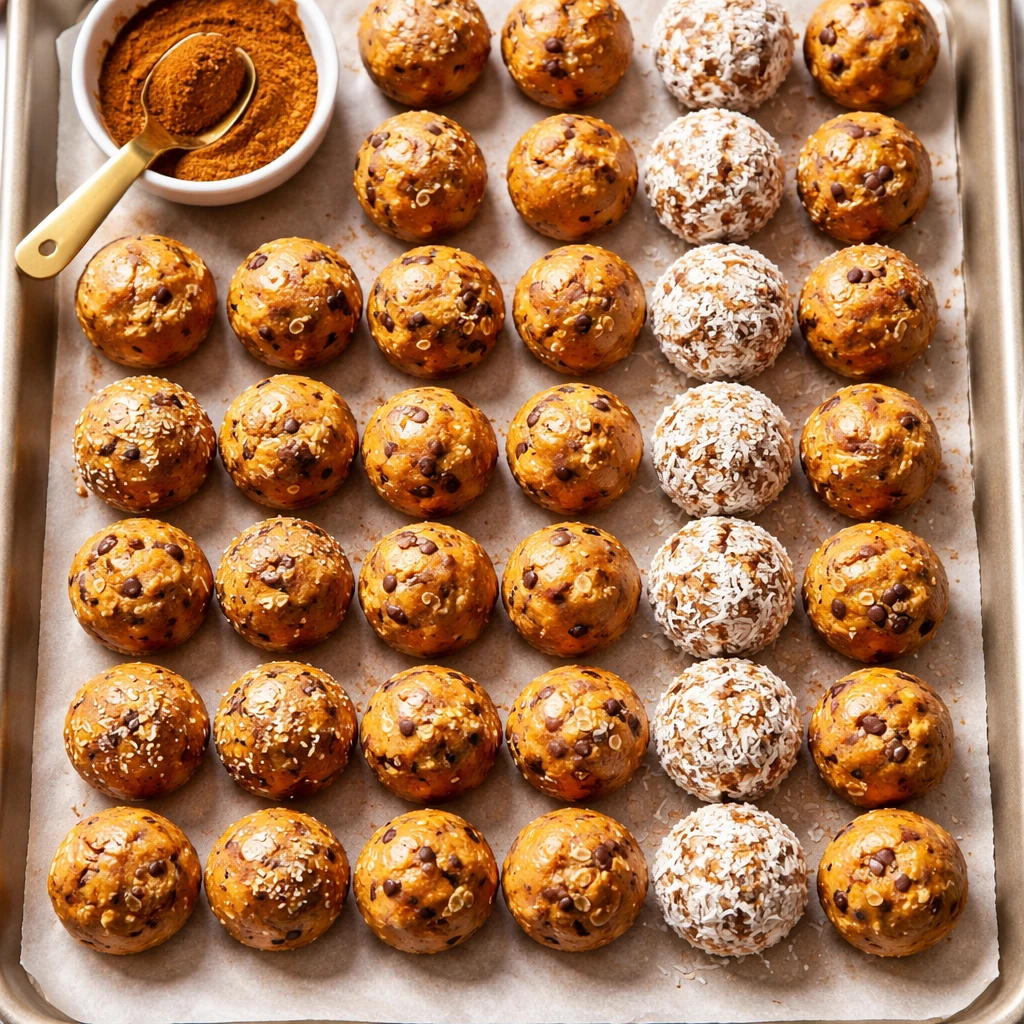 Overhead shot of freshly rolled Pumpkin Spice Protein Balls arranged in neat rows on a parchment-lin