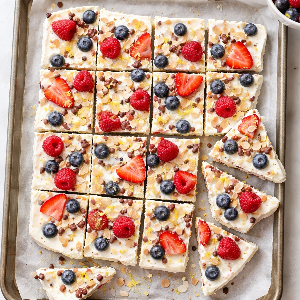 Overhead shot of fully frozen Greek Yogurt Bark broken into neat squares and a few rustic shards on