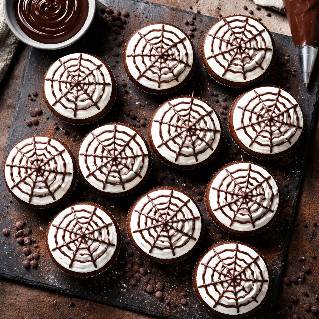 Tasty top view, final presentation: Overhead shot of a platter of chocolate protein cupcakes fully c